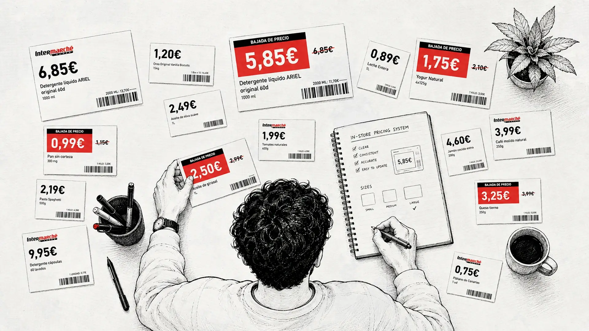 Top-down sketch illustration of a designer organizing Intermarché price tags and sketching an in-store pricing system in a notebook.