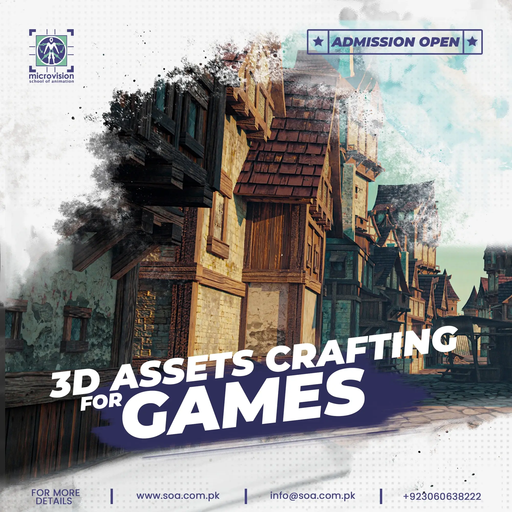 Promotional poster for Microvision School of Animation announcing open admissions for 3D assets crafting for games.