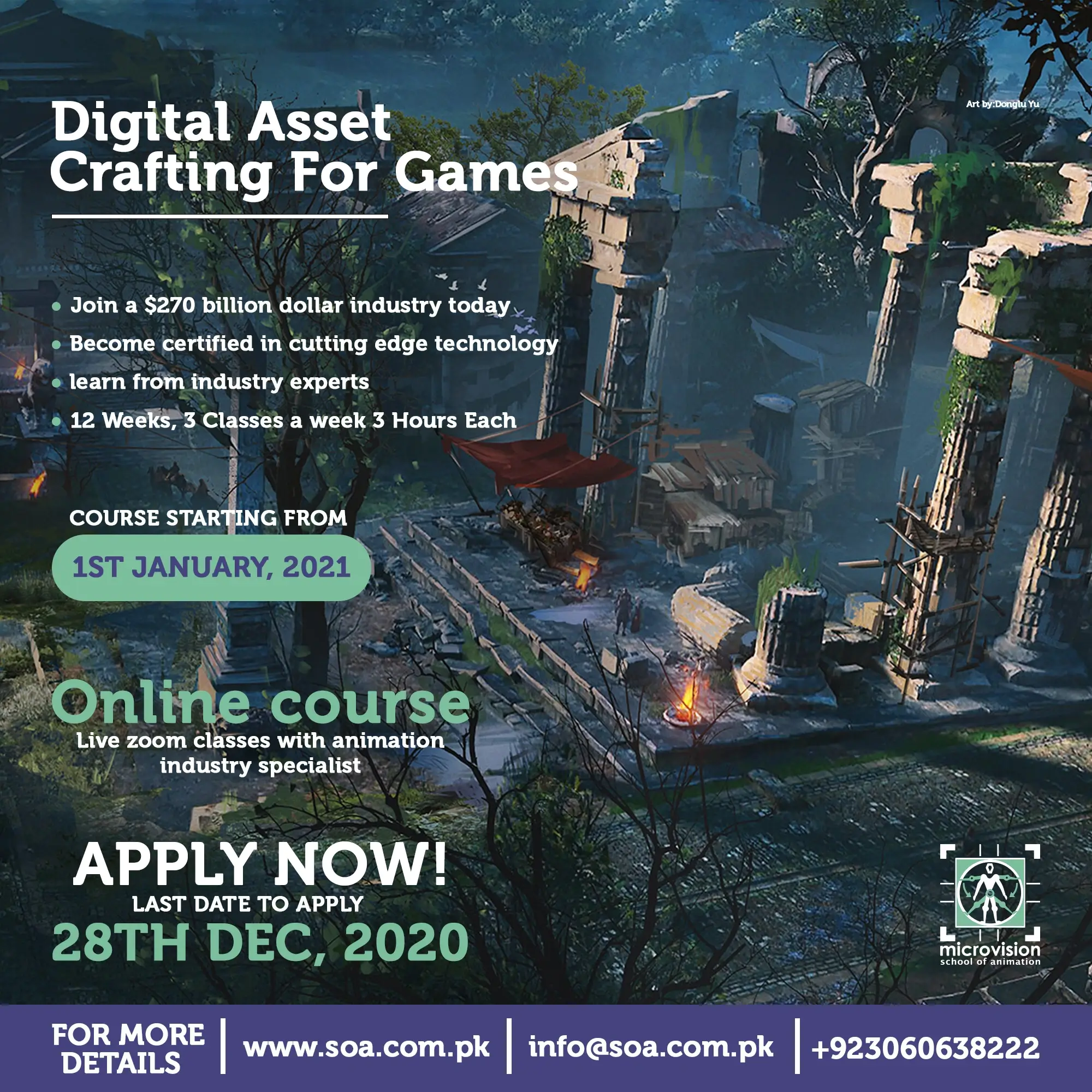 Online course promotional banner for digital asset crafting for games featuring 3D art by Donglu Yu.