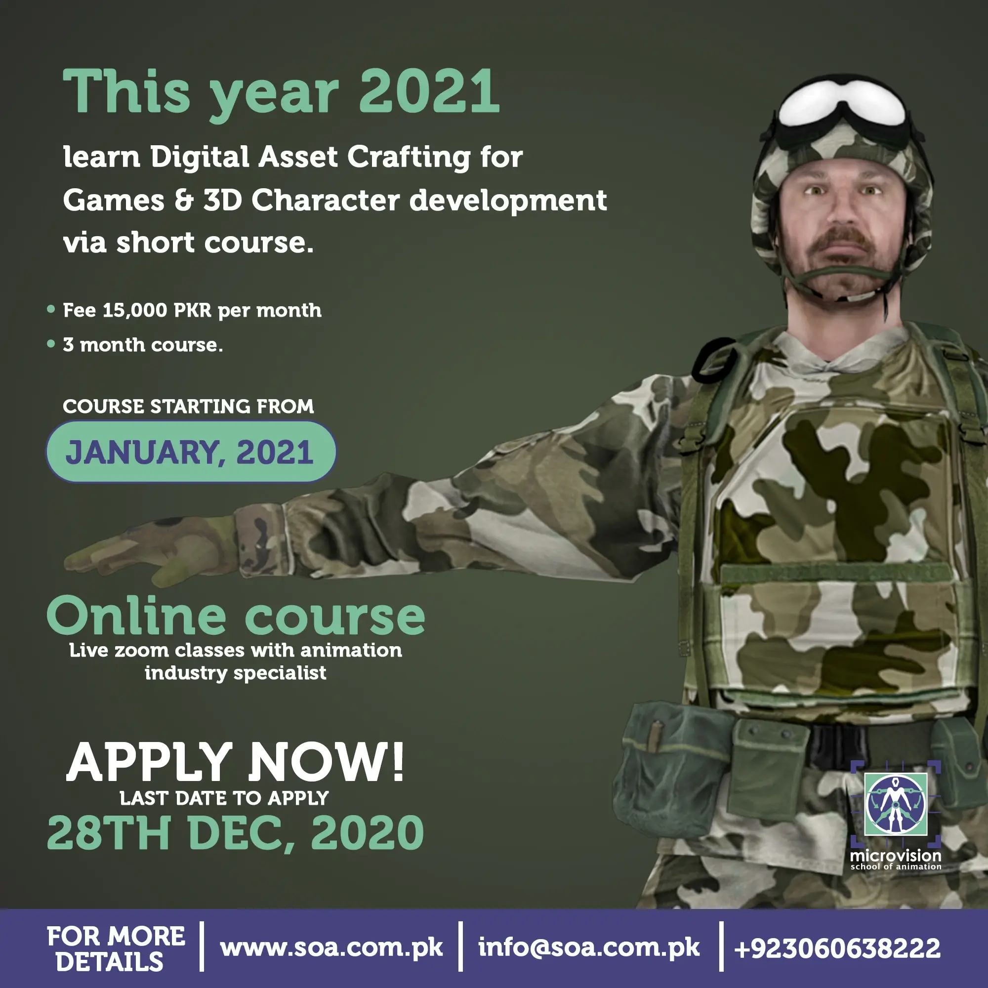 Promotional post for a 3-month short course in digital asset crafting and 3D character development.