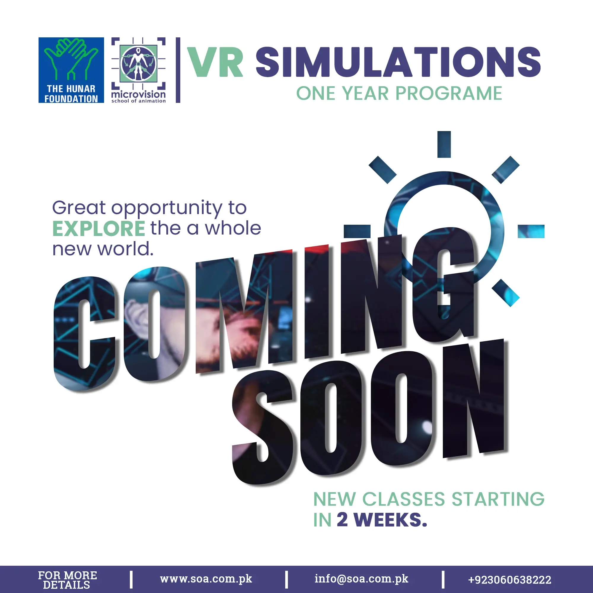 Promotional graphic for a one-year VR simulations program by Microvision and The Hunar Foundation.