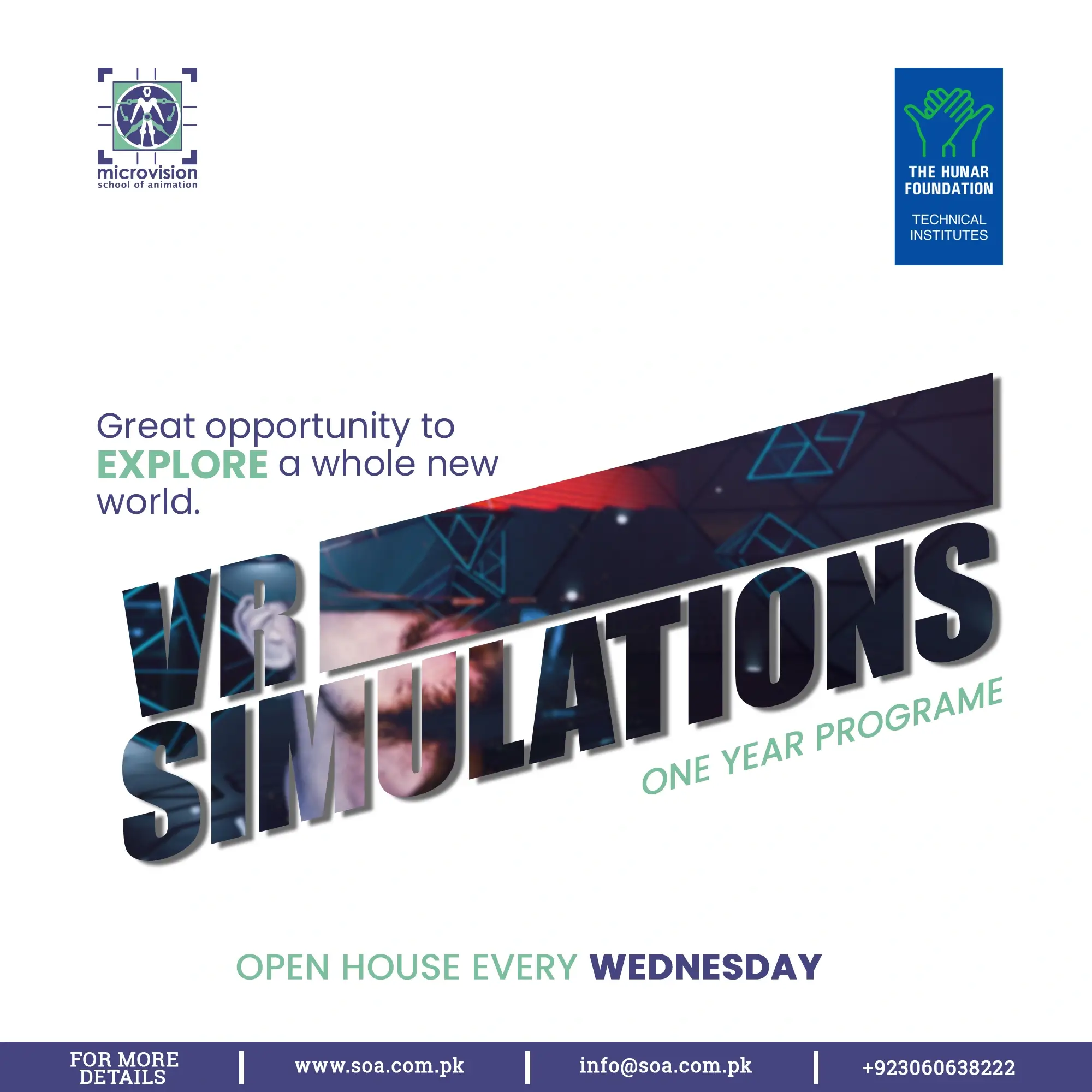 Promotional poster by Microvision and The Hunar Foundation for a one-year VR Simulations program featuring weekly Wednesday open house details.