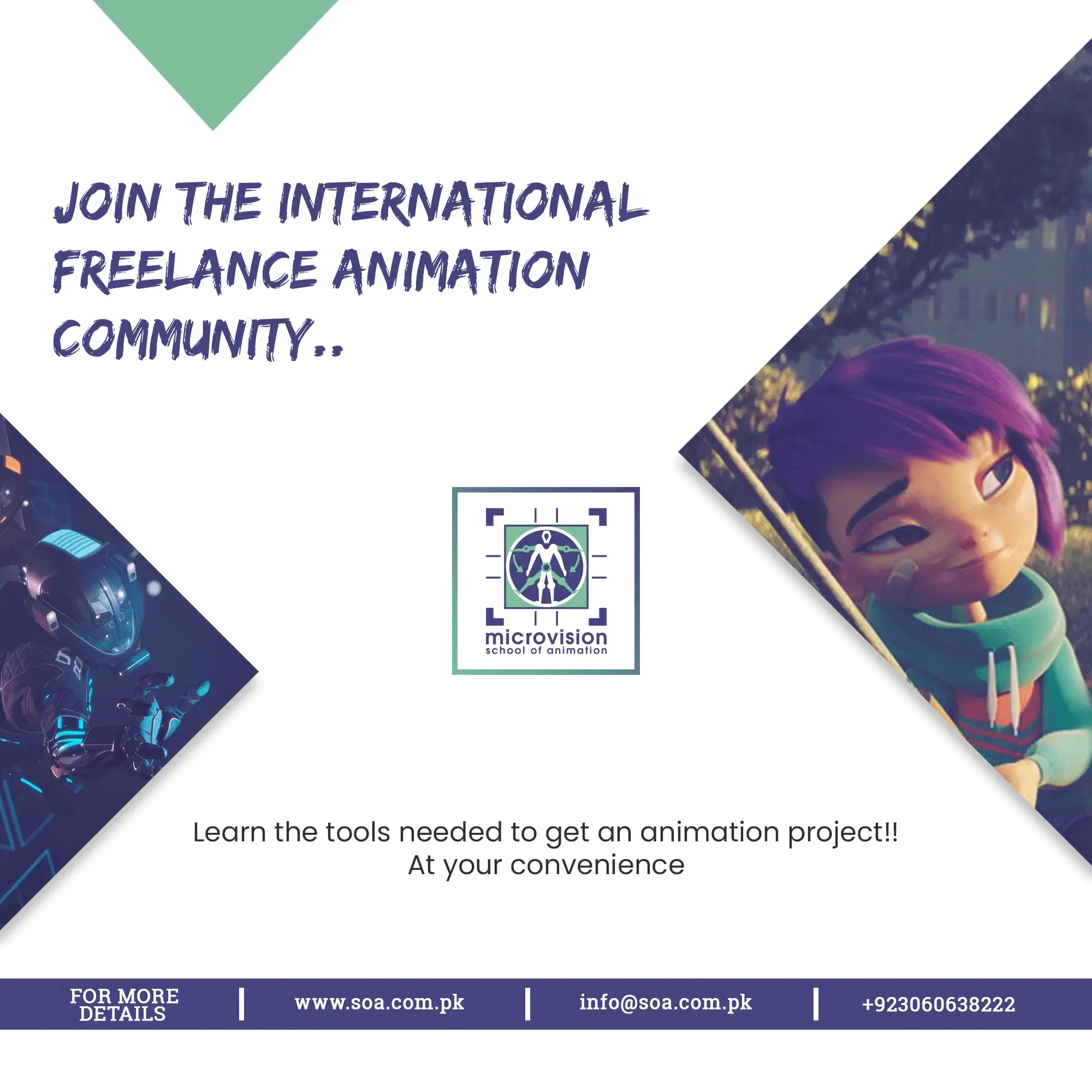 Microvision School of Animation post inviting students to join the international freelance animation community.