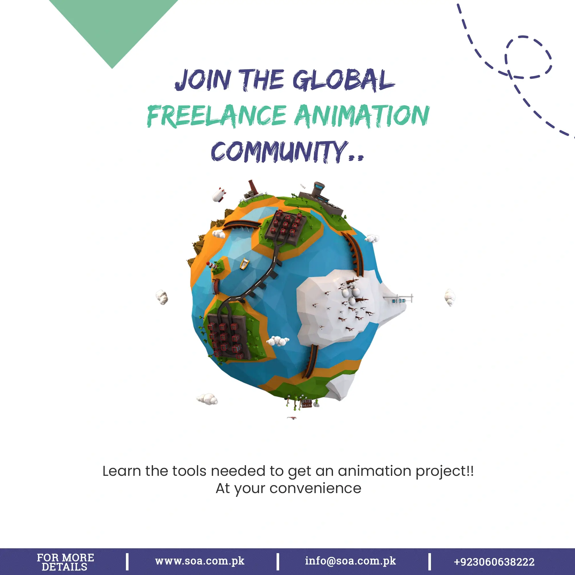 Low-poly 3D planet illustration promoting the global freelance animation training program.