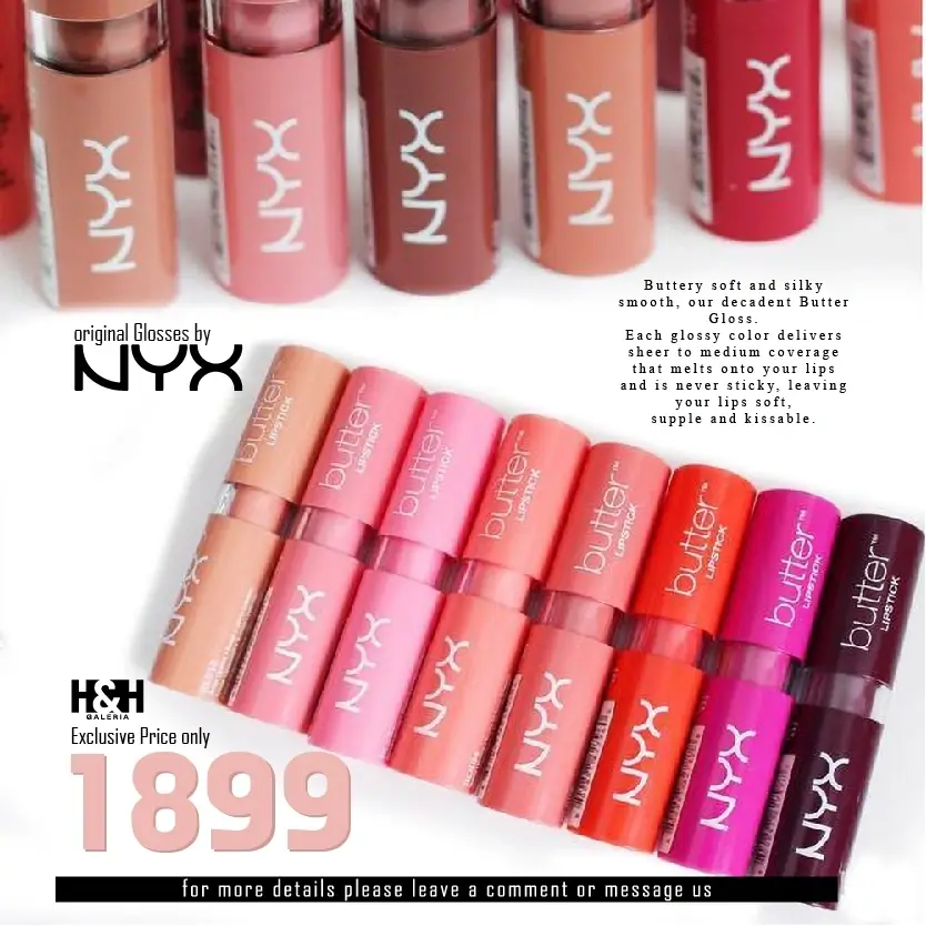 Assorted shades of NYX Butter Gloss and Butter Lipstick lined up on display from H&H Galeria.