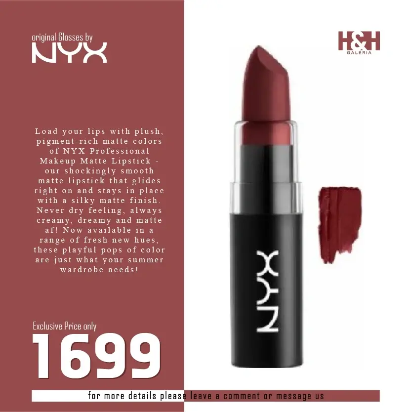 NYX Professional Makeup Matte Lipstick in deep berry red with color swatch from H&H Galeria.