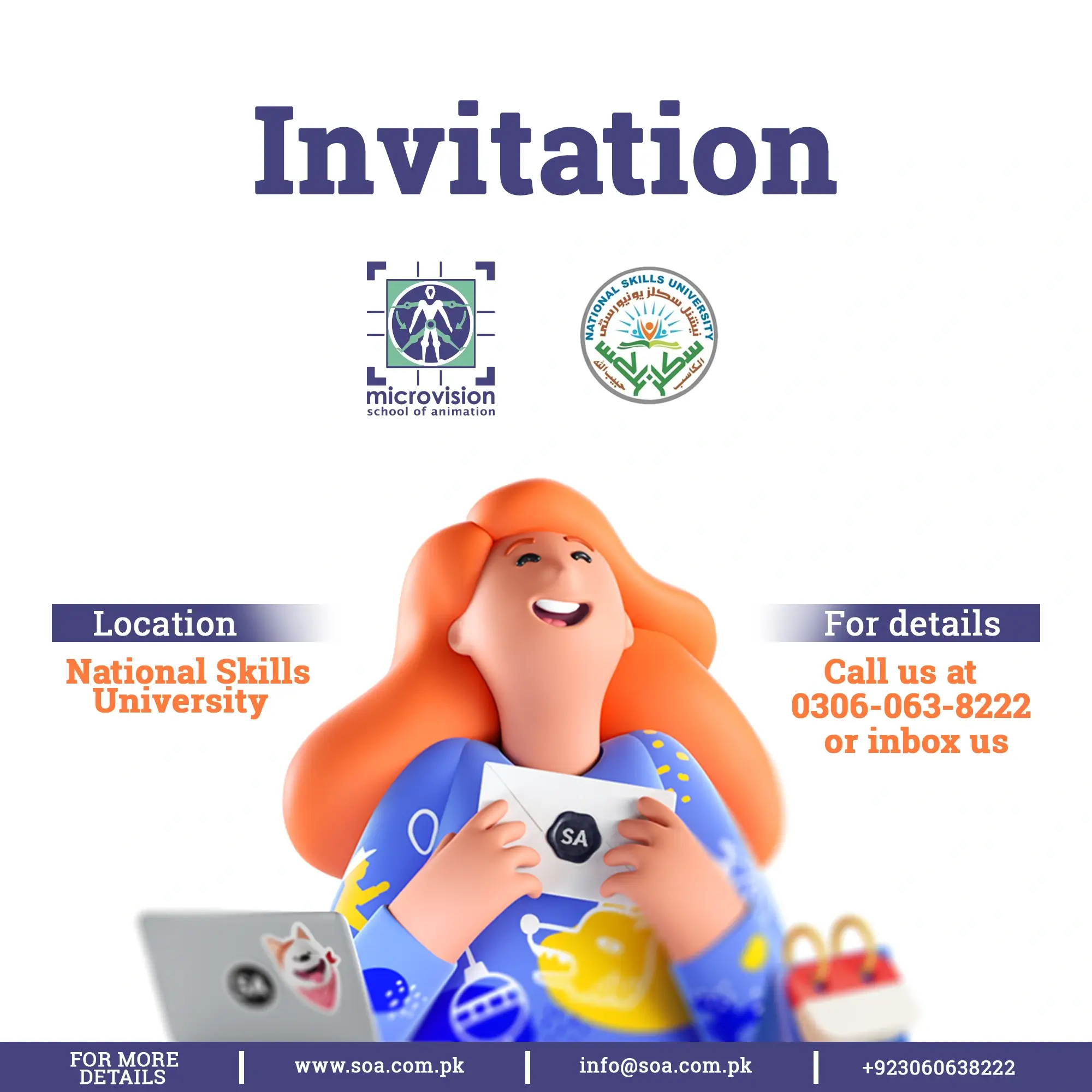 Logos of Microvision School of Animation and National Skills University on an event invitation graphic.
