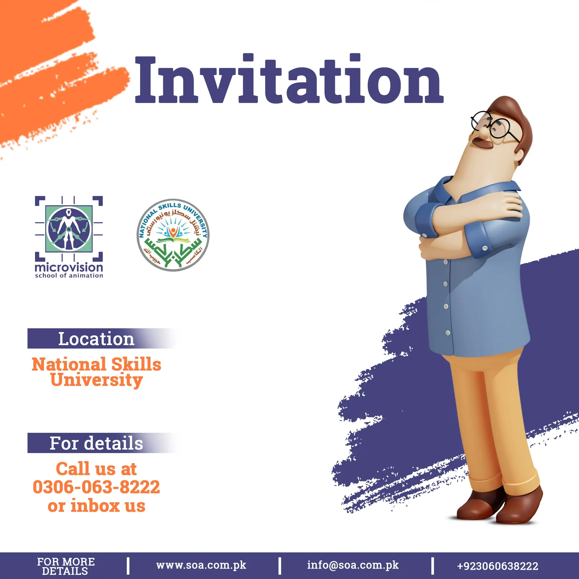 Event invitation poster featuring a 3D stylized character illustration and National Skills University location details.