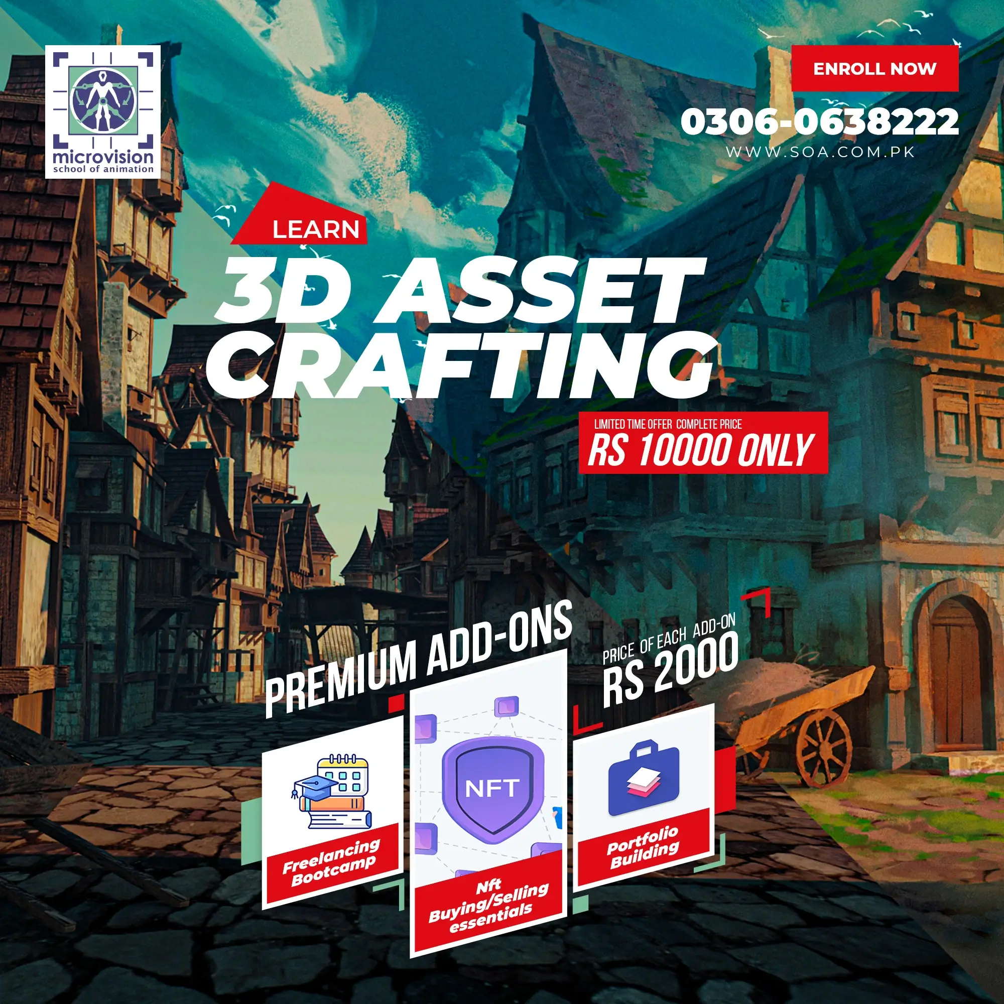 Promotional poster for 3D asset crafting training with add-on options for freelancing and NFT essentials.