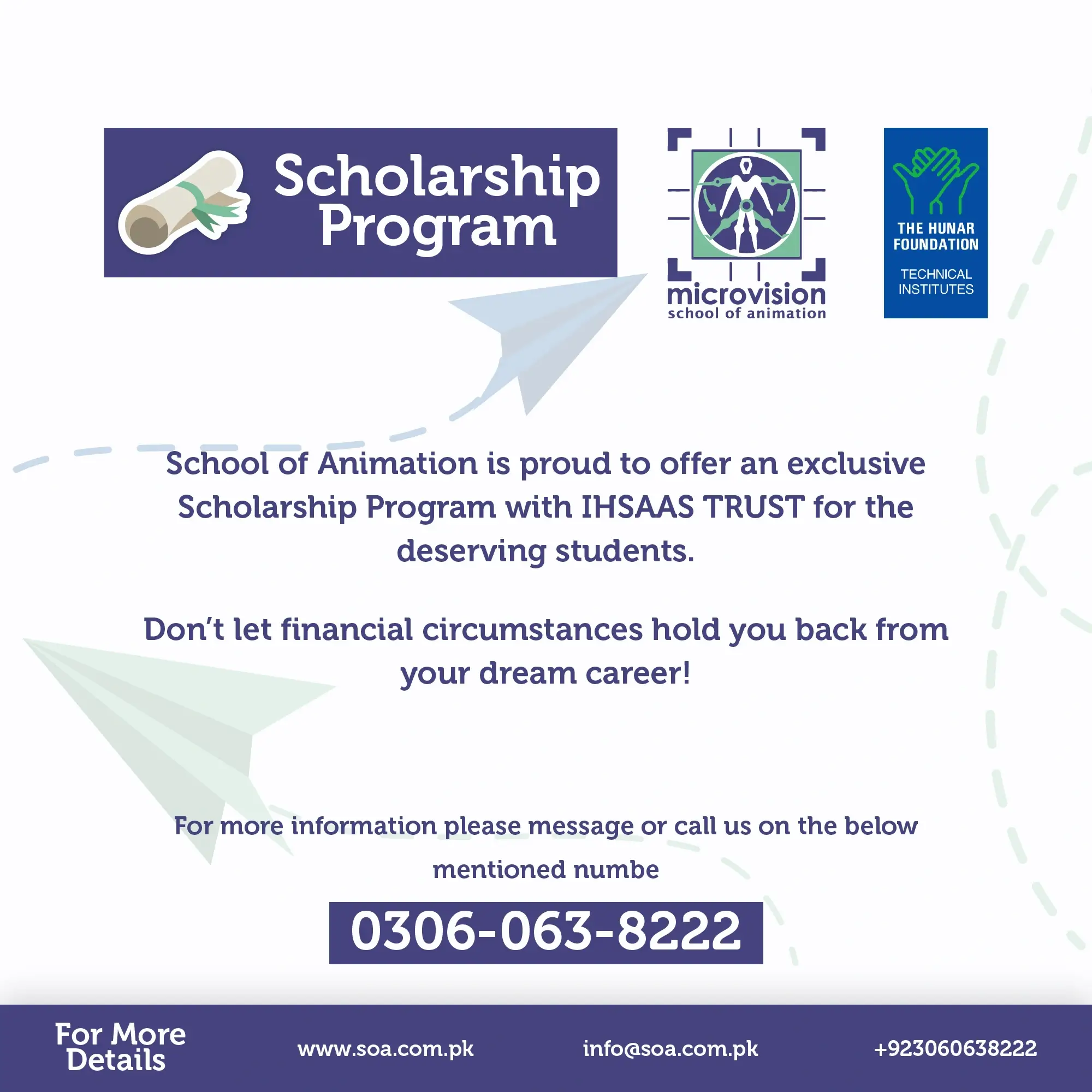 Announcement banner for the IHSAAS Trust scholarship program at Microvision School of Animation.
