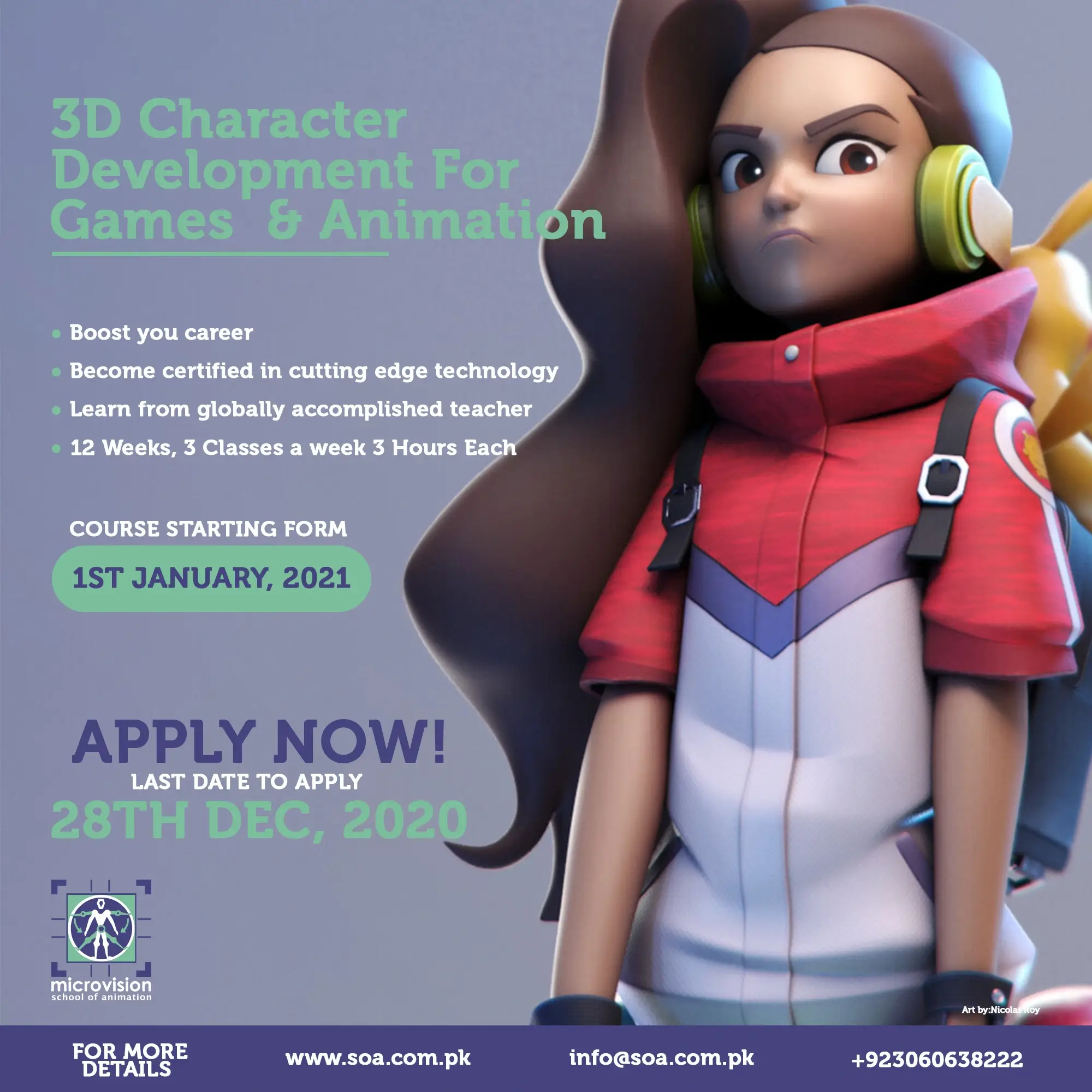 Promotional banner featuring a 3D stylized female character model for a 3D character development course.