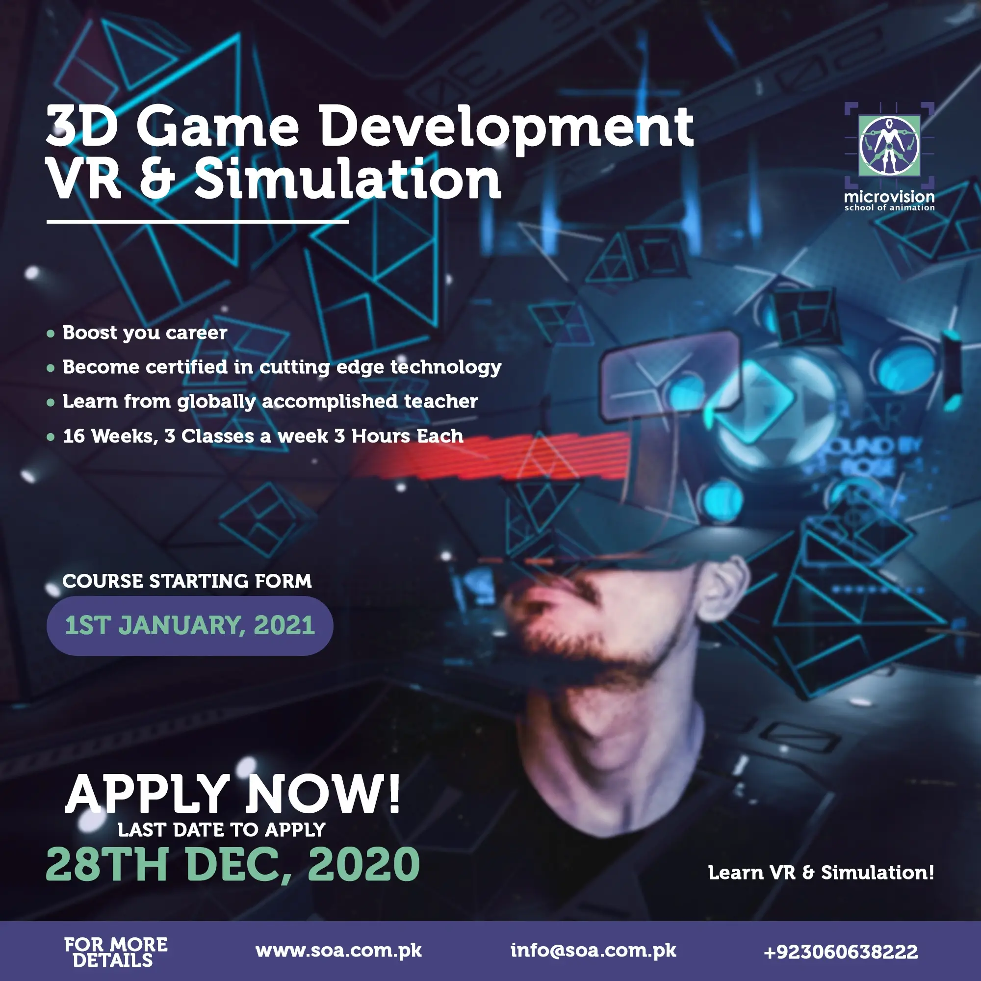 Futuristic banner depicting a developer wearing a VR headset for 3D game development and VR training.