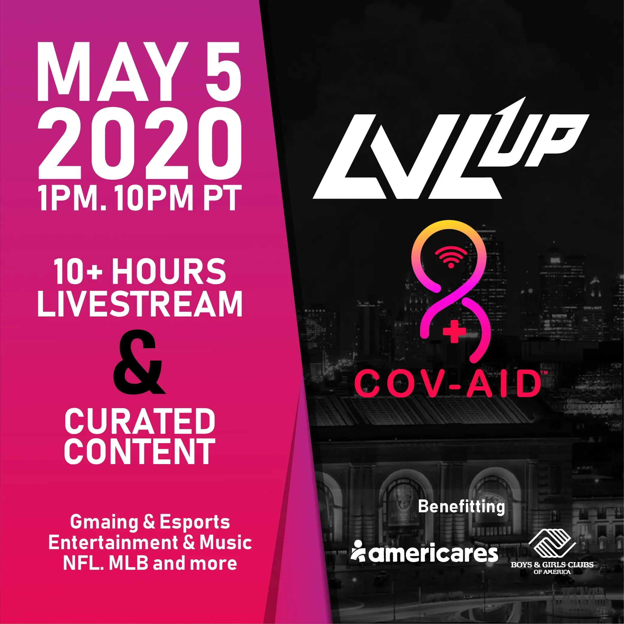 Promotional poster for LVL UP COV-AID 10-hour charity livestream on May 5, 2020, benefitting Americares and Boys & Girls Clubs of America.