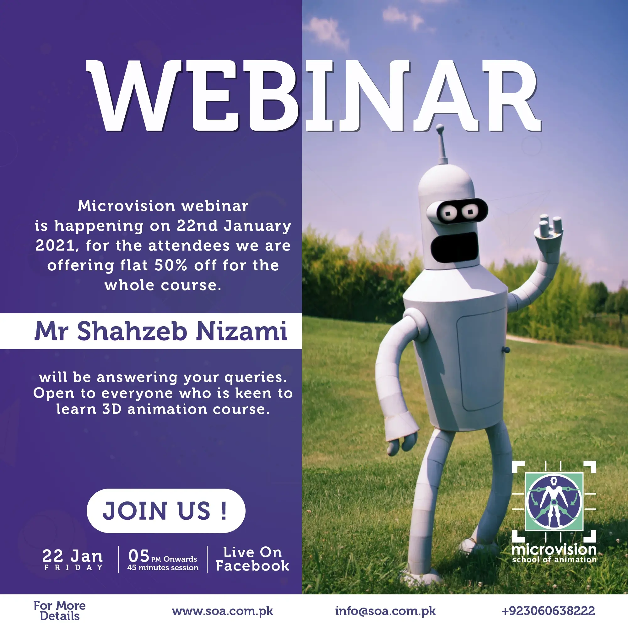 Live Facebook webinar promotional banner featuring a 3D Bender robot visual.
