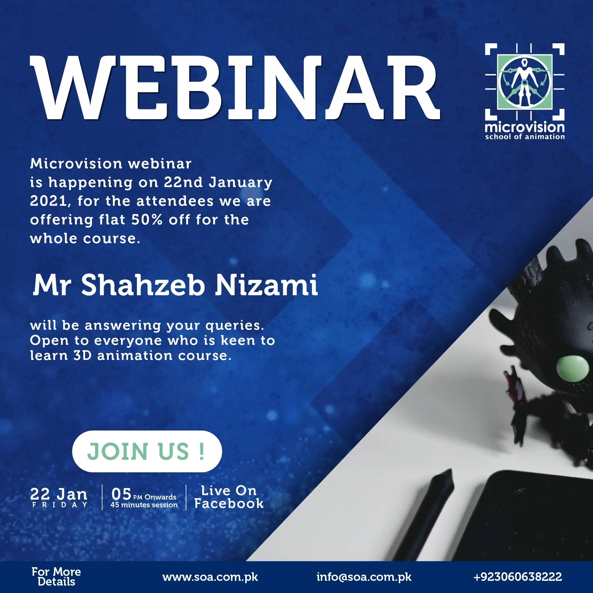 Facebook Live webinar poster featuring guest speaker Mr. Shahzeb Nizami with 50% off discount details.