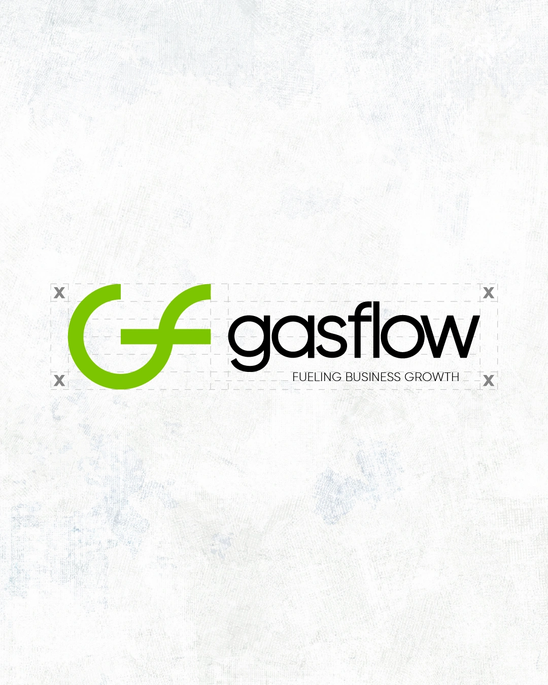 Technical diagram showing Gasflow horizontal logo lockup with X-height clear space and margin measurement guidelines.