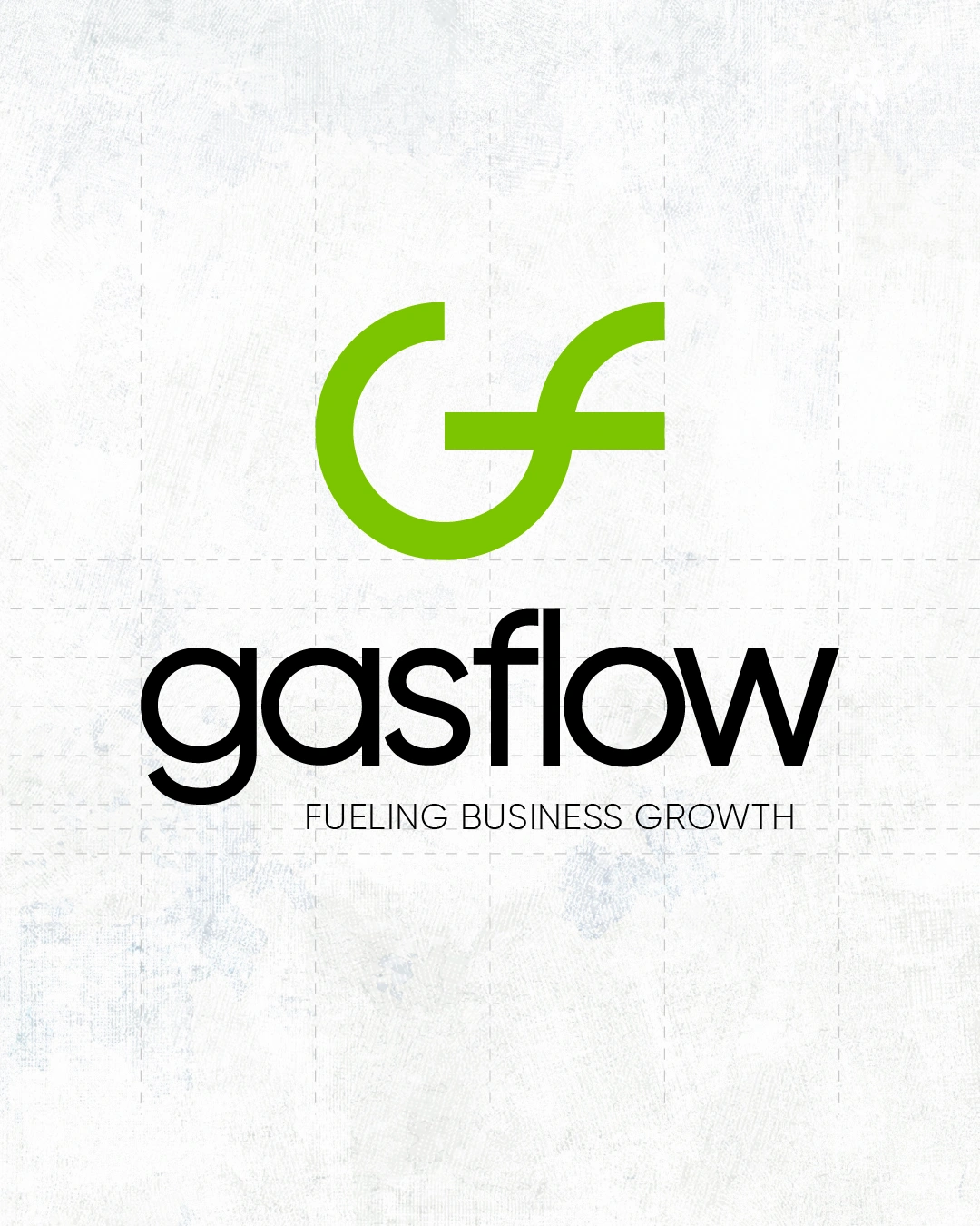 Vertical Gasflow logo lockup displaying centered alignment grid lines and tagline on a textured background.