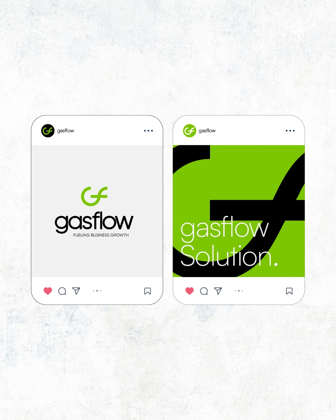 Social media post mockups featuring the Gasflow vertical logo lockup and a green Gasflow Solution graphic card layout.