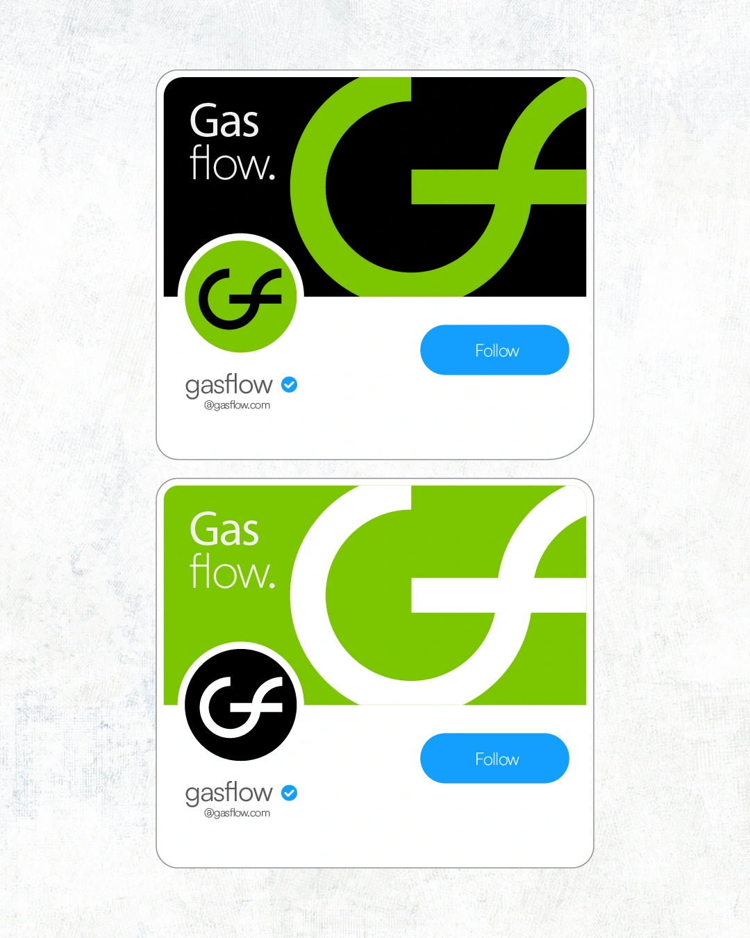 Brand presentation displaying dark and light social media profile card mockups featuring Gasflow header graphics, logo avatar badges, and verified profile handles.