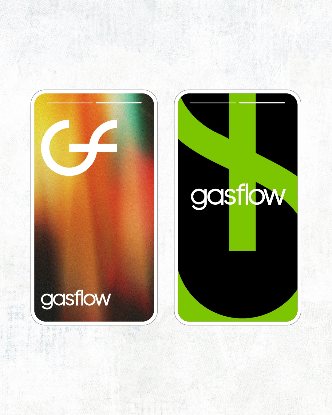 Vertical social media story mockups showing Gasflow brand layouts with warm gradient and high-contrast green designs.