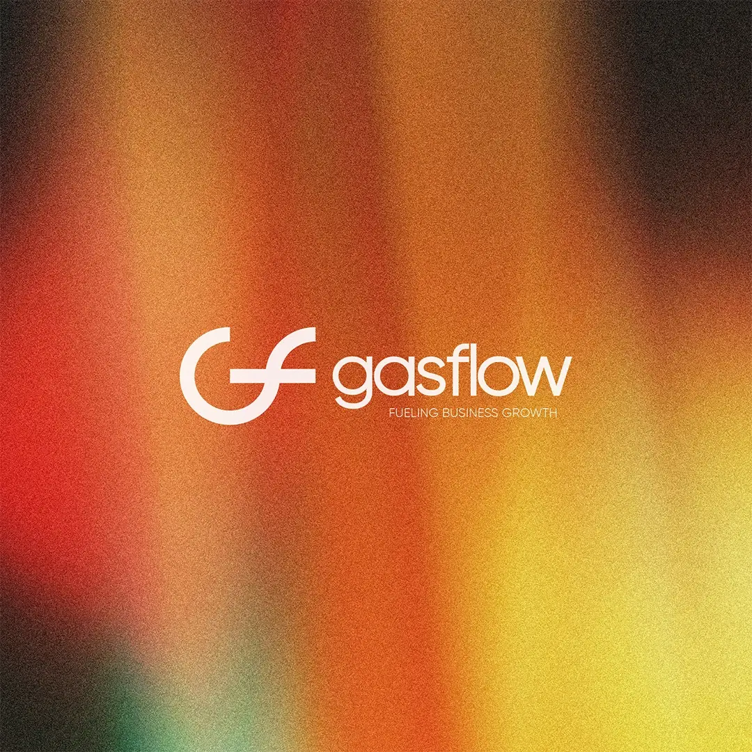 White Gasflow vertical logo lockup centered with Fueling Business Growth tagline on a textured warm gradient background.