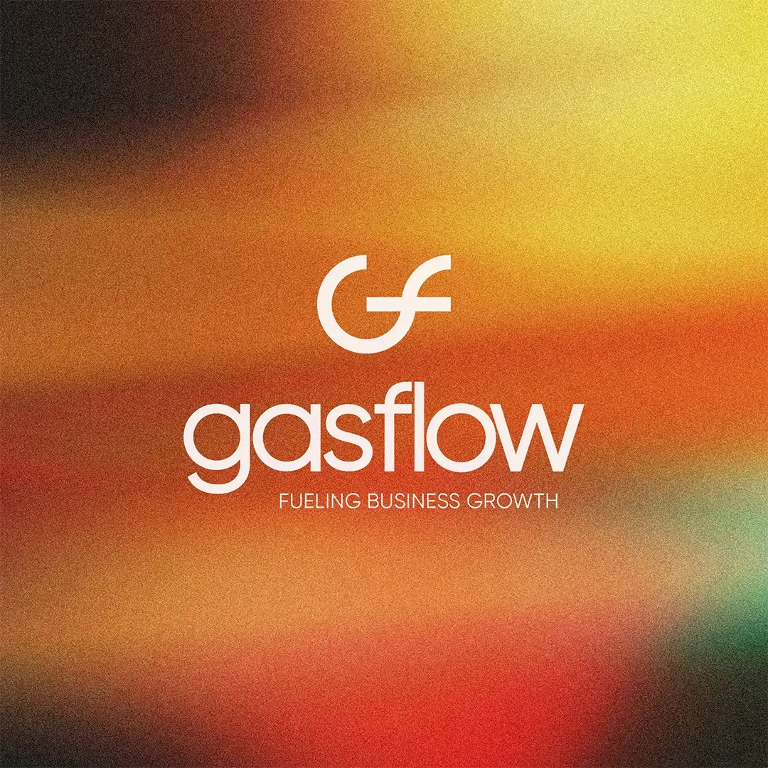 White Gasflow vertical logo lockup centered with Fueling Business Growth tagline on a textured warm gradient background.