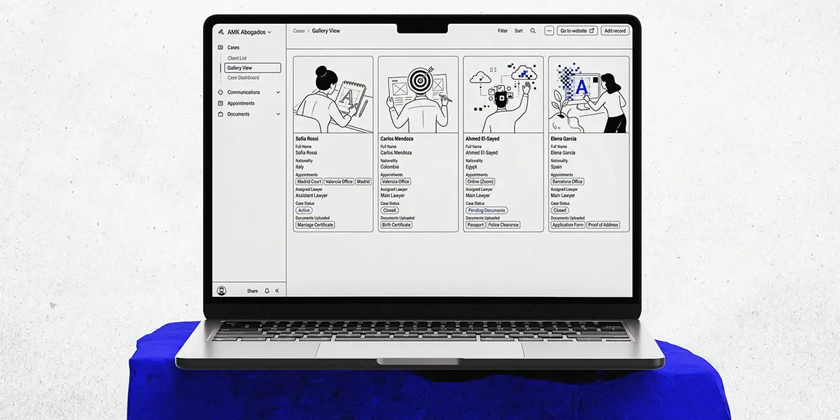 Laptop mockup resting on a blue pedestal displaying a legal case management dashboard UI.