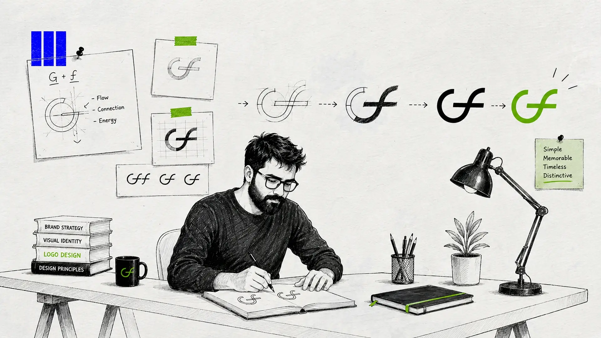 Illustration of a graphic designer sketching a logo at a desk showing the step-by-step branding process.