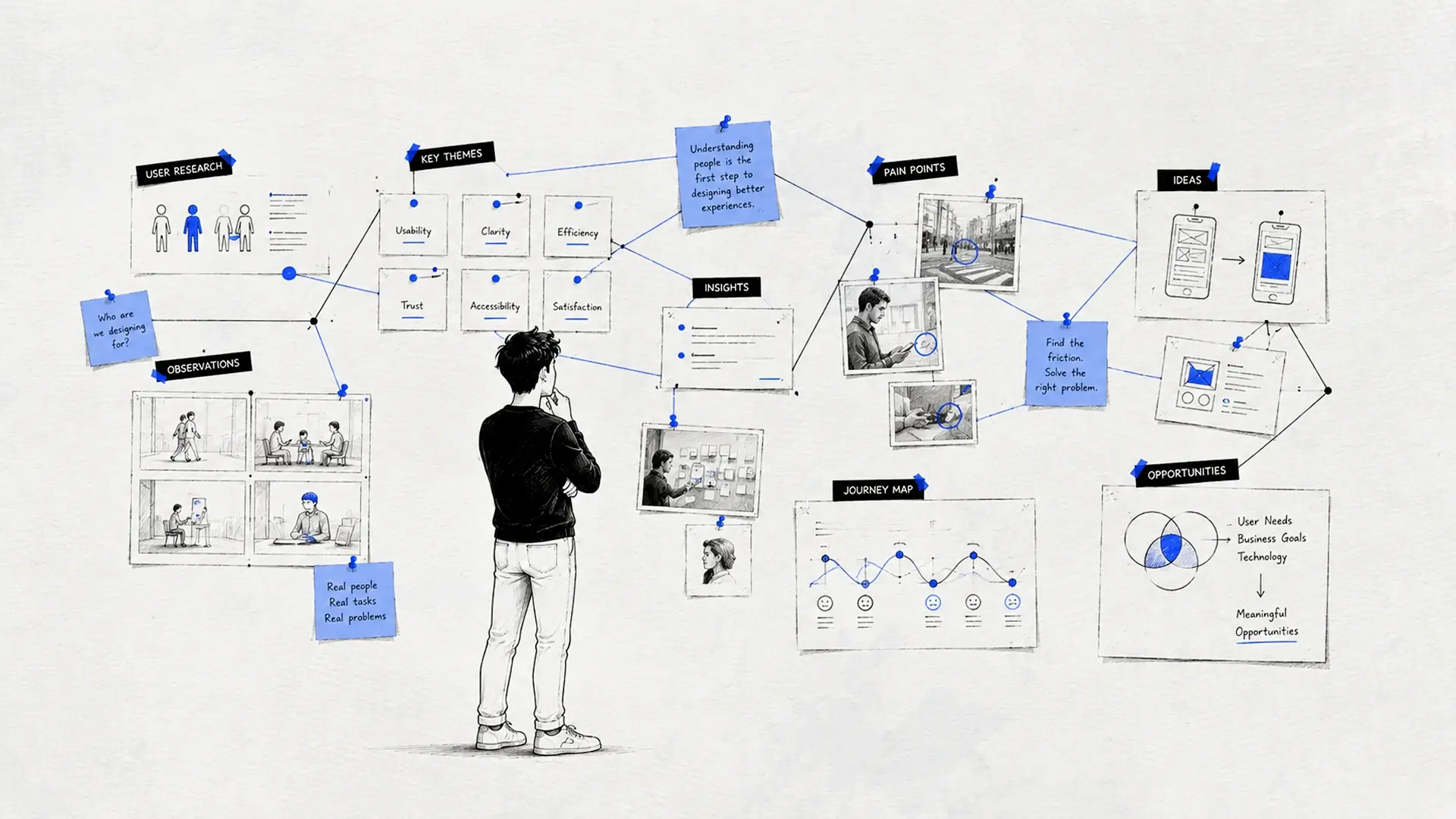 Illustration of a designer analyzing a comprehensive UX research and product discovery wall with notes and wireframes.