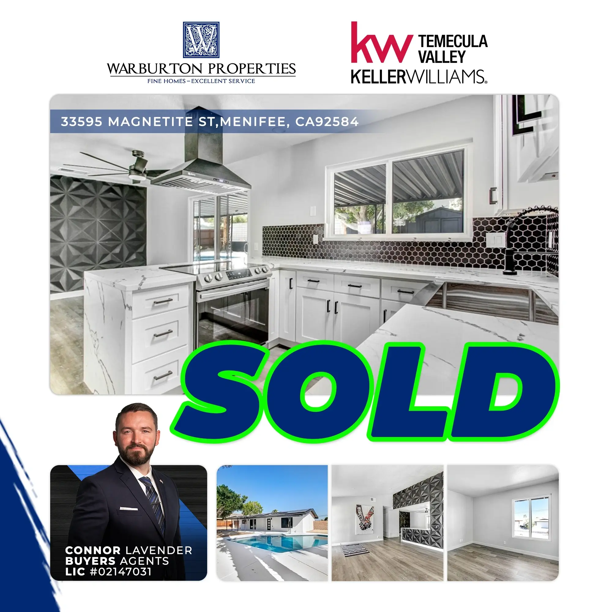 Real estate Sold announcement banner for 33595 Magnetite St, Menifee CA, featuring modern kitchen interior, swimming pool, and agent Connor Lavender.