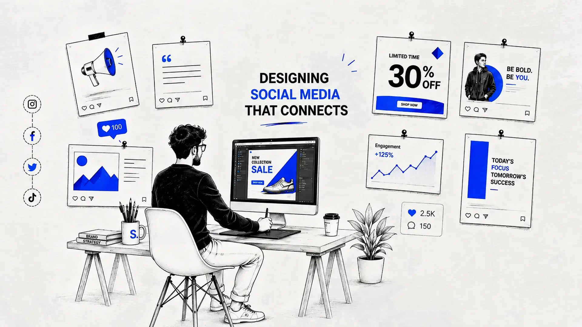 Illustration of a graphic designer working at a computer surrounded by social media post templates and engagement charts under the text Designing Social Media That Connects.