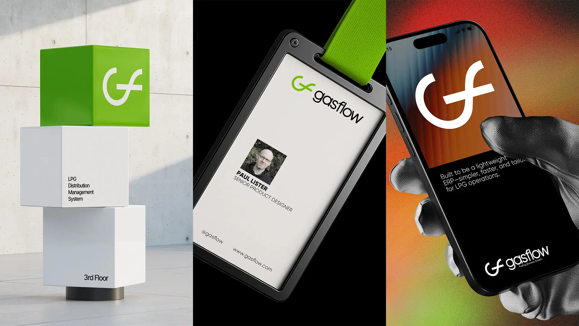 Mockup showcasing Gasflow office signage, an employee ID badge for Senior Product Designer Paul Lister, and a mobile app screen on a smartphone.