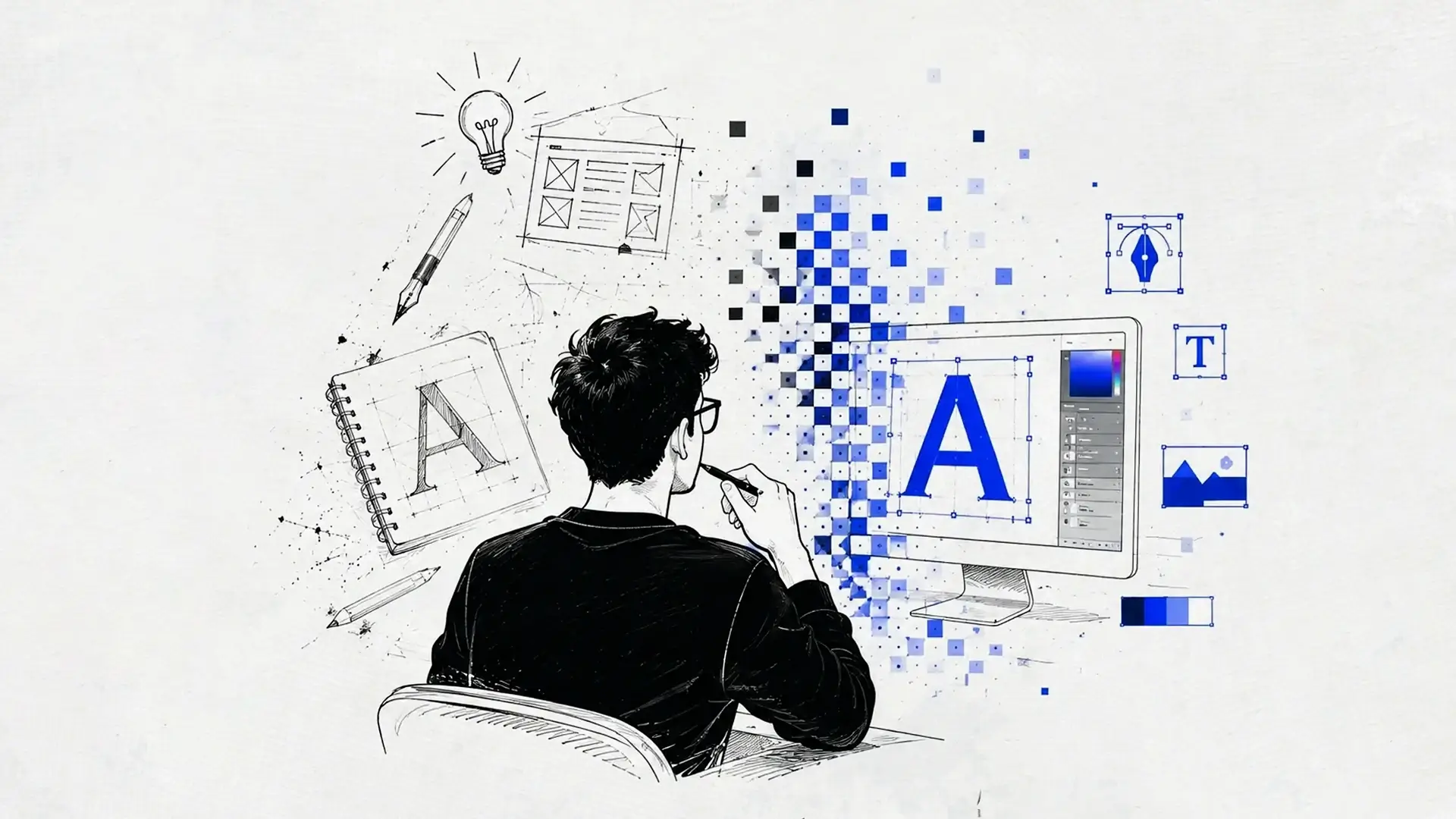 Illustration of a designer transitioning from traditional paper sketches to digital computer typography.