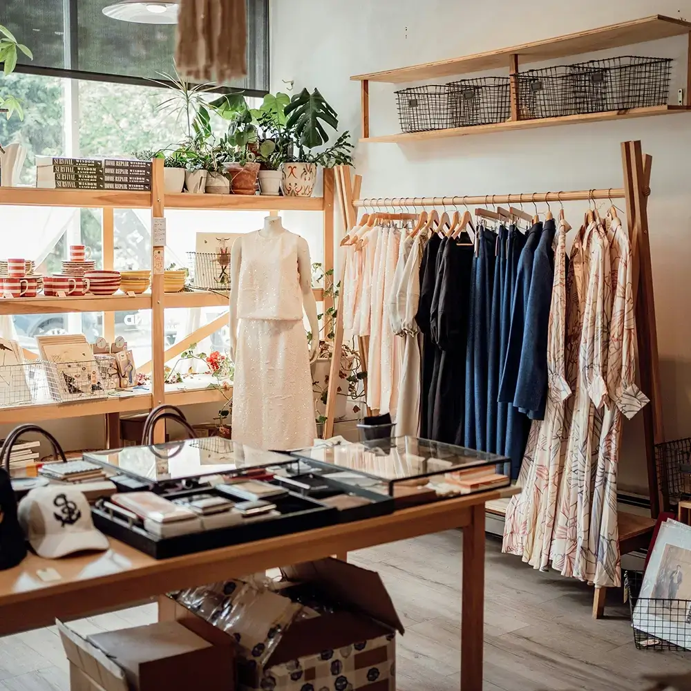 Independent clothing boutique with wooden garment racks, dresses, accessories, plants, and display tables.