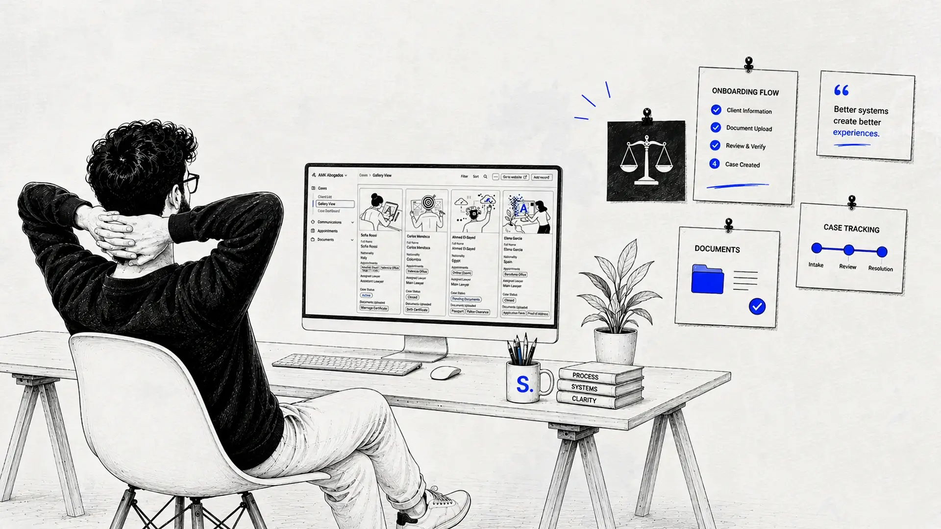 Minimal line-art legal case management dashboard UI showing client cards with illustrations, case statuses, and navigation sidebar.