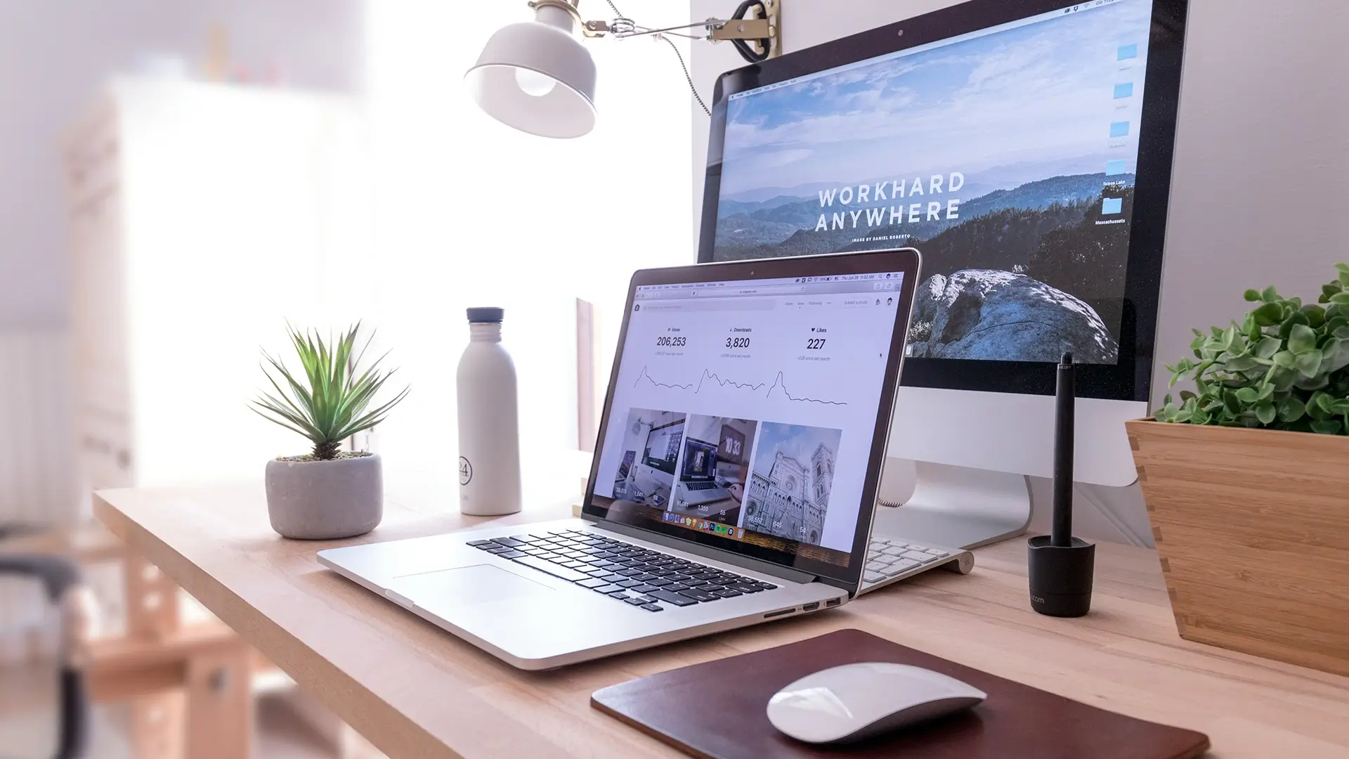 Modern creative workspace with a laptop and desktop computer displaying digital design and analytics screens, surrounded by plants and desk accessories.