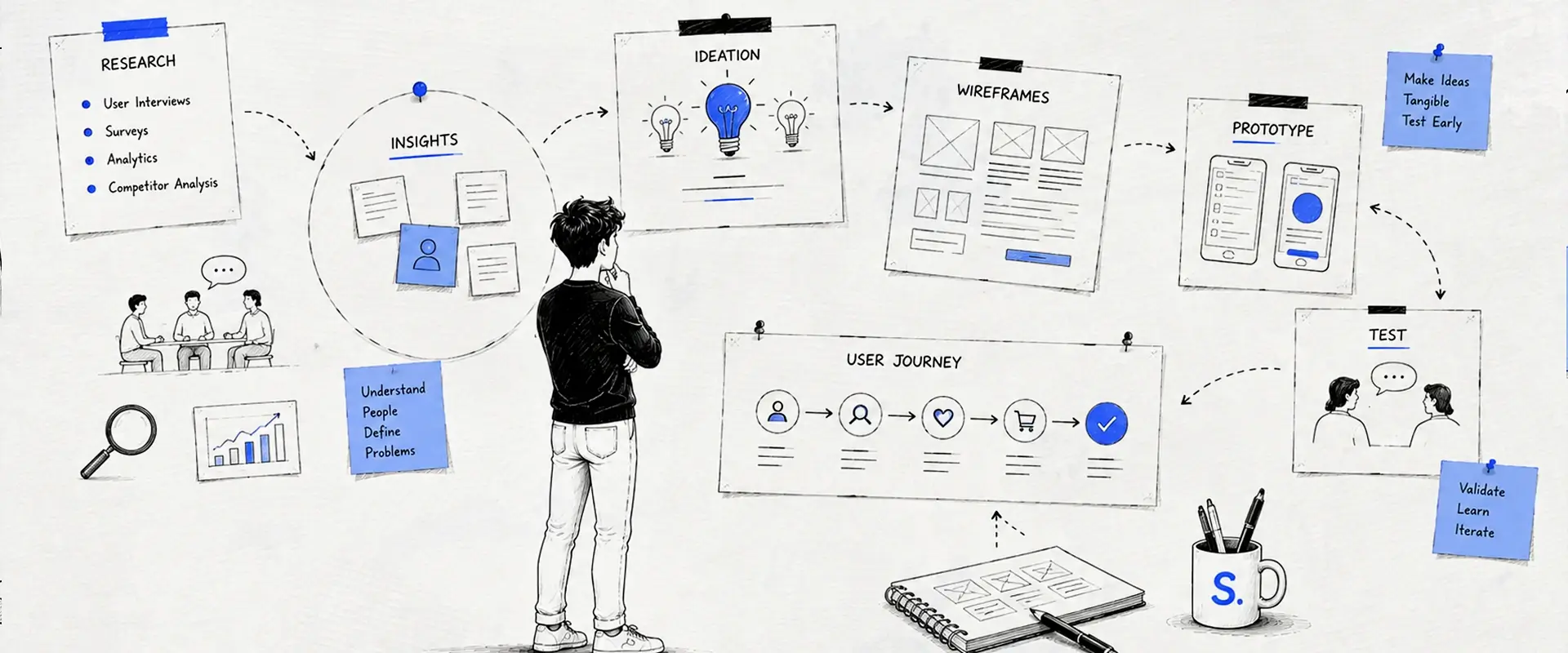 Hand-drawn diagram illustrating the step-by-step UX design workflow from research and ideation to wireframes and user testing.
